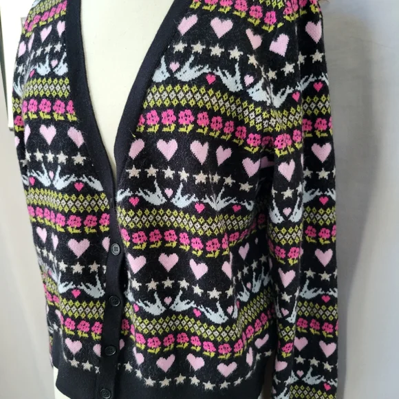 Anthropologie Maeve Hearts Dove Floral Cropped Novelty Cardigan Sweater L - Picture 8 of 14